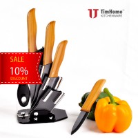 Timhome bamboo handle black blade ceramic knife set with block colorful box packs